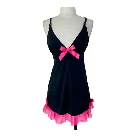 Leg Avenue teddy nightie, black pink nightgown sleep wear lingerie - Picture 1 of 8